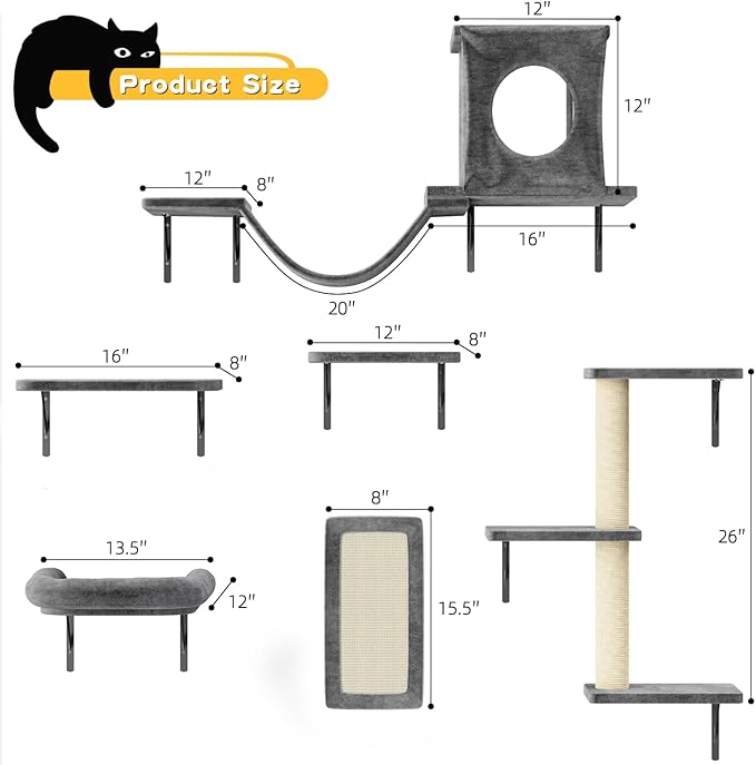 NUNU LAB Wall Mounted Cat Climber Set, 6 Pcs Cat Furniture Set with House, Bridge, Steps, Scratcher Board and Hammock, Shelves for Indoor, Luxury Walls Furniture(Dark Grey)