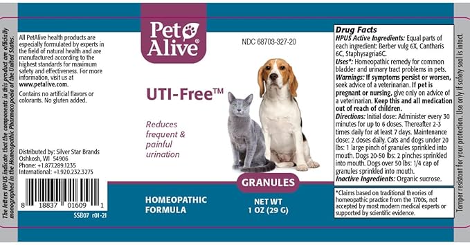 PetAlive Cat and Dog UTI Treatment - Homeopathic Remedy for Dog and Cat UTI Treatment - Supports Bladder Comfort, Reduces Dribbling, Incontinence, Eases Frequent Urination - 1 oz Granules