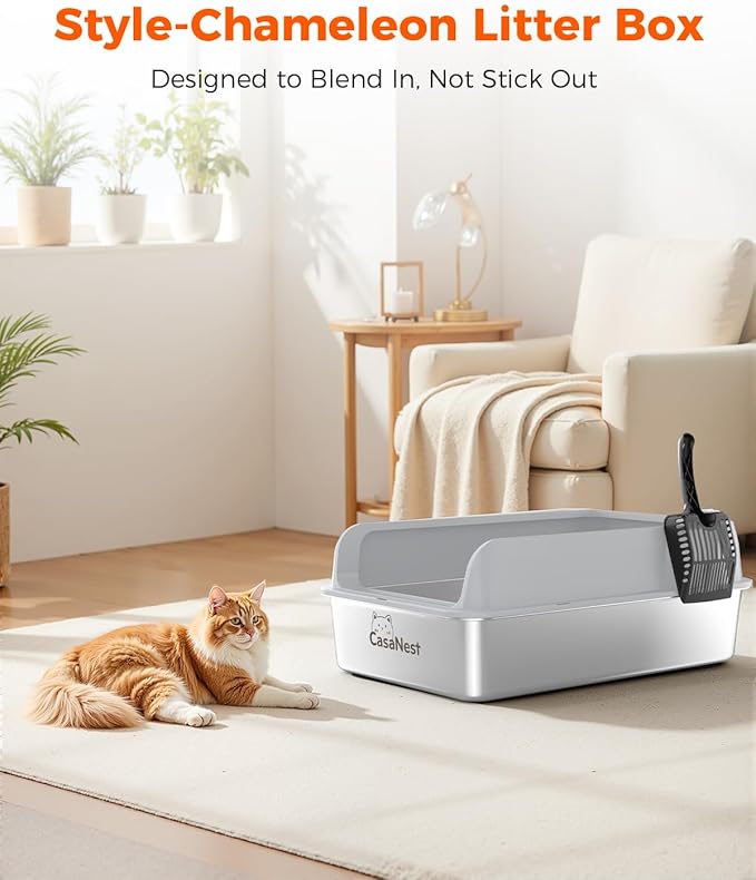 XXXL Stainless Steel Cat Litter Box 28.1''×20.5'' × 10.1” Extra Large Metal Cat Litter Box for Big, Multi Cats, Anti-Leakage & Non-Stick Metal Pan, Easy to Clean, Durable (Light Grey