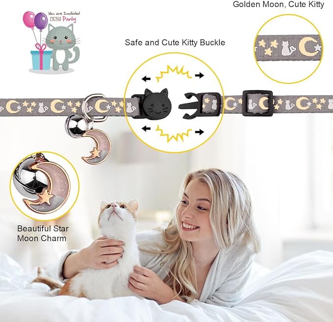 Baeuppit 2PCS Breakaway Cat Collars with Bell Cute Kitty Glow in The Dark Adjustable Kitten Collars(Grey&Black)