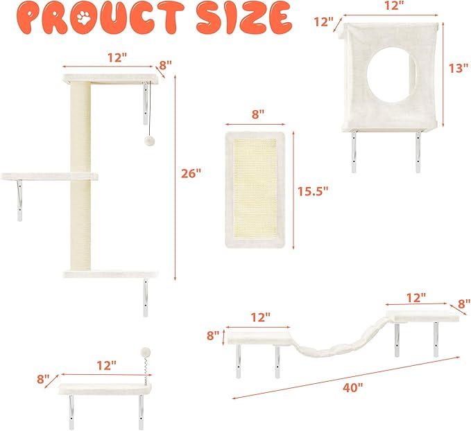 NUNU LAB Cat Wall Shelves Set, 5 Pcs Wall-Mounted Cat Climber with Condo House, Bridge Ladder, Scratching Post, Indoor Cat Furniture Set, Beige