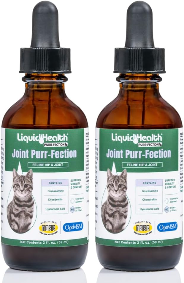 LIQUIDHEALTH Pets Liquid Cat Glucosamine Joint Purr-Fection - Hip & Joint Health Relief Support, Chondroitin Feline Droppers for Senior Older Adult Cats & Kittens - Made in The USA (2 Pack)