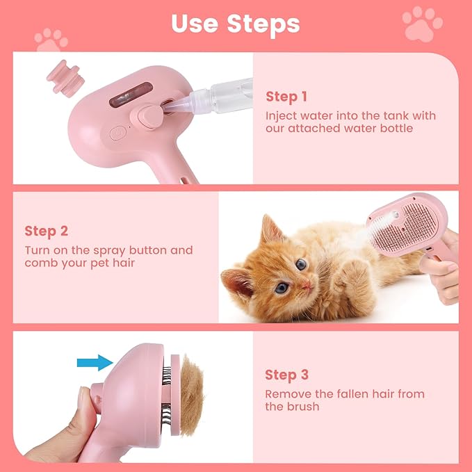 Steam Brush for Shedding Pets - Self-Cleaning Grooming Comb with Water Tank for Long & Short Haired Cats and Dogs (Pink)