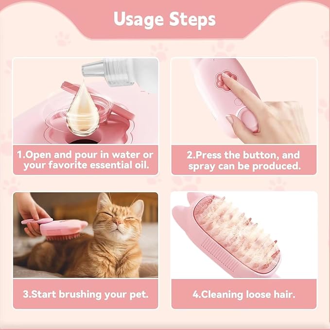 4 in 1 Cat Steam Brush Rechargeable pet spray comb Steam Brush for Cats and Dogs, Massage, Cleaning, Shedding & Combing Multifunctional Hair Removal Anti Static Grooming Tool for home (Pink)