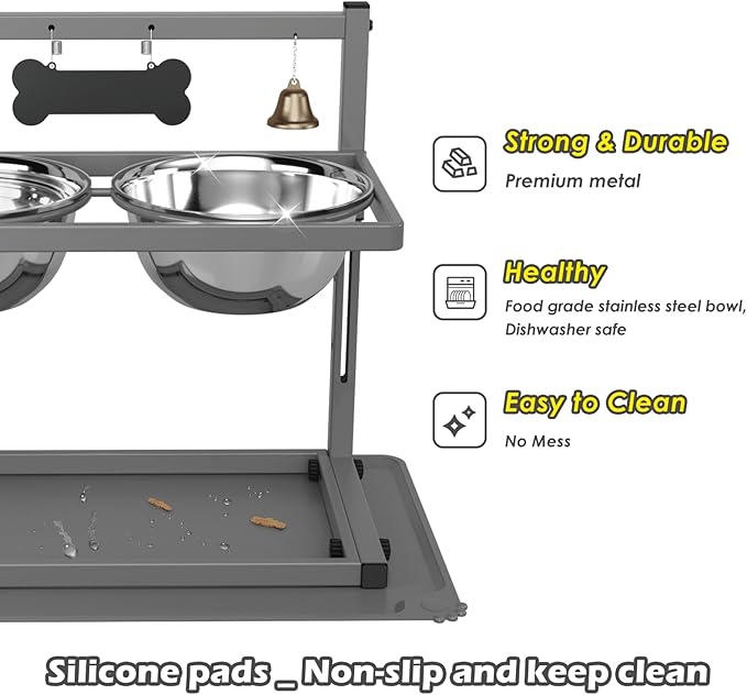 SHAINFUN Grey Raised Dog Bowl Stand with Two 1700ml Stainless Steel Food Bowl, a Slow Feeder and Silicone Pet Feeding Mat, Adjustable Dog Feeder, Elevated Dog Bowls for Large Medium and Small Dogs