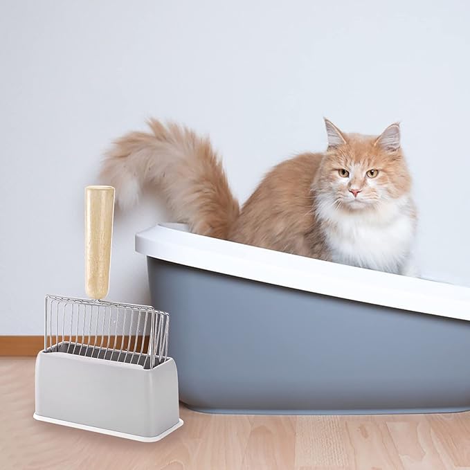 Hiceeden Set of 2 Cat Litter Scoop with Holder, Metal Kitty Litter Scoop Holder with Wooden Handle, Cat Poop Scooper for Kitten Litter Box, Fast Sifting, Gray and Blue
