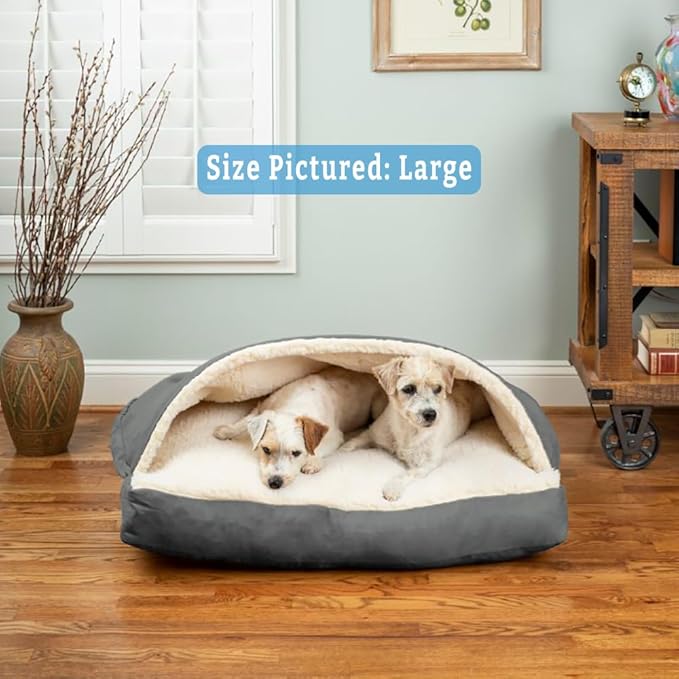 Snoozer Luxury Rectangle Cozy Cave Dog Bed - Indoor Dog Bed with Cover Cave, Covered Calming Burrow for Medium & Large Sized Pets with Blanket Attached, Enclosed, Washable - Large, Anthracite
