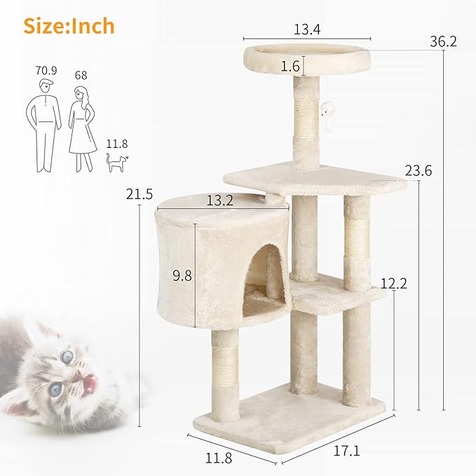 BestPet Cat Tree 36 inch Tall Scratching Toy Activity Centre Cat Tower Cat Condo Multi-Level Furniture Scratching Posts for Indoor Cats,Beige