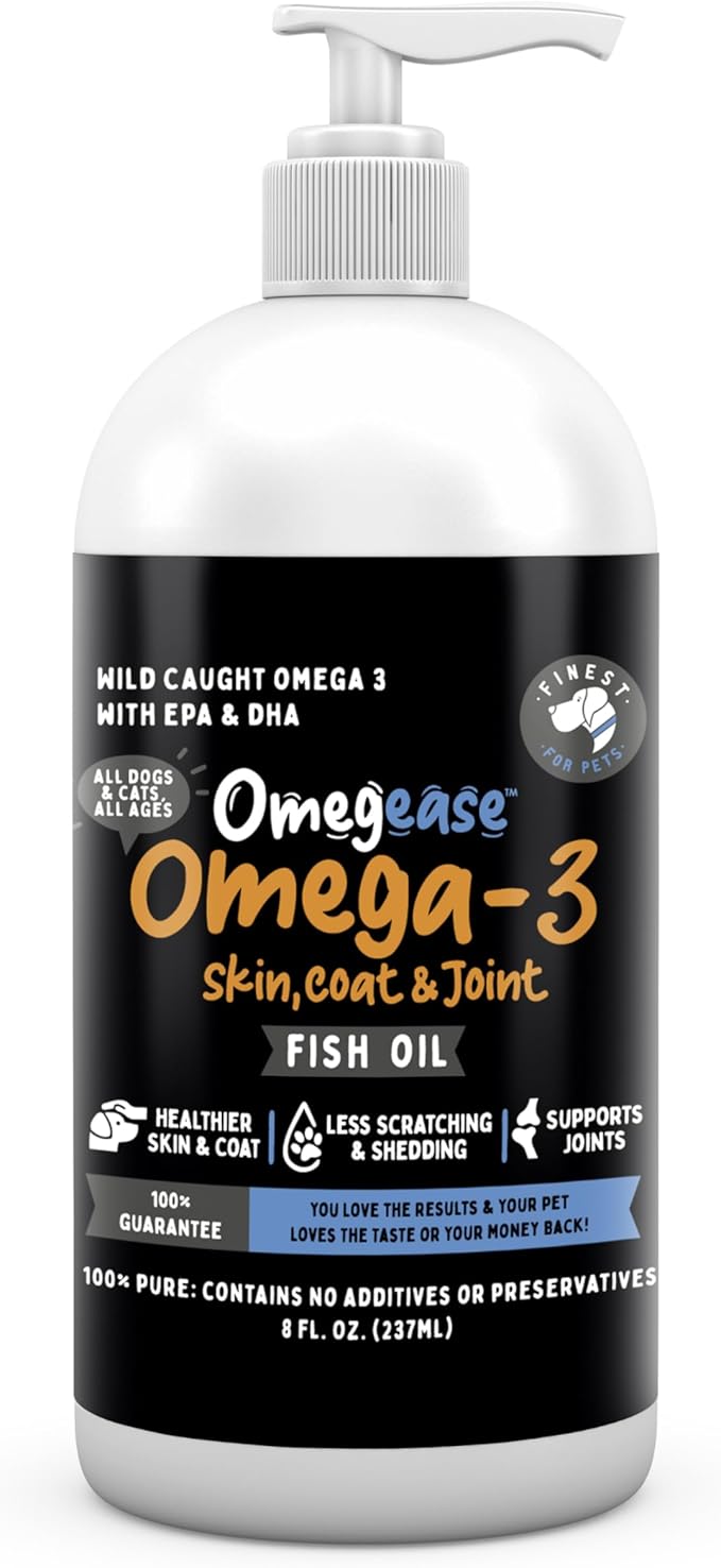 Omegease Fish Oil for Dogs & Cats - Finest for Pets Omega 3 for Cats & Dogs - Supplement for Skin & Coat, Itching, Shedding, Joints & Immune Health - 100% Pure Omega Fish Oil with EPA & DHA (8 oz)