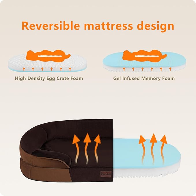 Dwanton Orthopedic Dog Bed for Extra Large Dogs with Gel Memory Foam, Waterproof Dog Sofa, Washable Pet Bed with Four Sided Bolster Cushion, Removable Cover & Non-Slip Bottom, 45", Brown