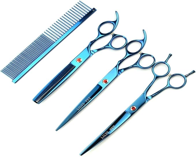 LILYS PET Professional PET Grooming scissors Kit,Coated Titanium,Sharp and Strong Stainless Steel Blade for Dogs Cats Hair Cutting,3 Pieces of Scissors with a Comb and a Case (7.5 inches, Blue)