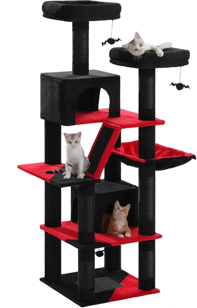 PAWZ Road 70 Inch Cat Tower, Gothic Cat Tree with 2 Cozy Condos, 2 Plush Perch, Large Basket, 2 Scraching Pad & 6 Scraching Posts for Indoor Cats Large Adult