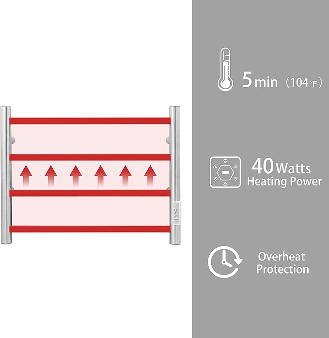 KEG Towel Warmer Wall Mounted with Built-in Timer 4 Bars Electric Stainless Steel Heated Towel Racks for Bathroom, Hot Plug-in Bath Towel Heater Brushed Nickel