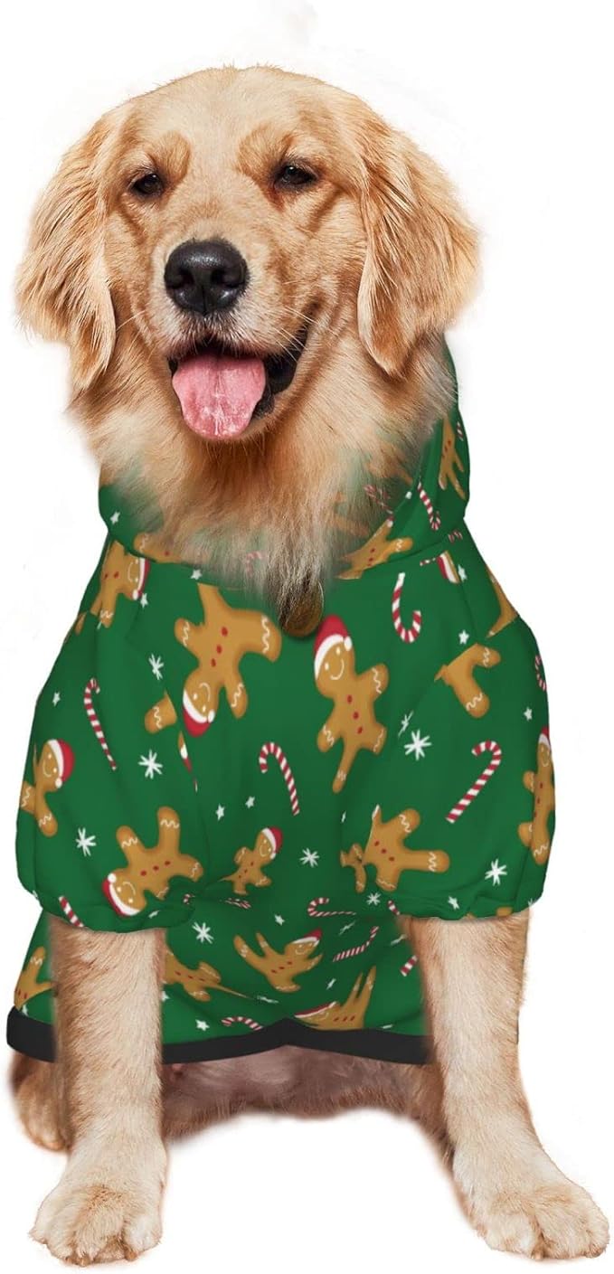 Green Christmas Gingerbread Men Candies Hoodie,Christmas Cosplay Dog Clothes with Pocket and Hat Winter Clothes Sweaters Medium