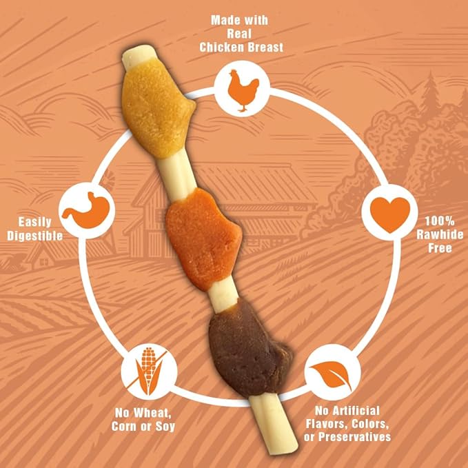 Rawhide Free Triple Flavor Kabobs for Dogs | Real Chicken, Beef and Healthy Sweet Potato | 15 Count