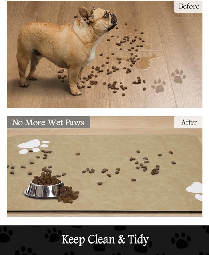 Pet Feeding Mat-Absorbent Dog Mat for Food and Water Bowl-No Stains Quick Dry Water Dispenser Mat-Dog Accessories Pet Supplies-Bowl for Messy Drinkers（Beige,12"x19"