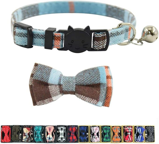 Cat Collar Breakaway with Bell and Bow Tie, Plaid Design Adjustable Safety Kitty Kitten Collars(6.8-10.8in) (Light Blue&Brown)