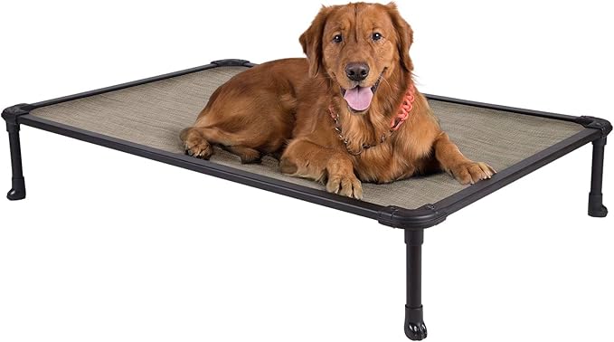 Veehoo Chew Proof Elevated Dog Bed - Cooling Raised Pet Cot - Rustless Aluminum Frame and Durable Textilene Mesh, Unique Designed No-Slip Feet for Indoor or Outdoor Use, Beige Coffee, X Large