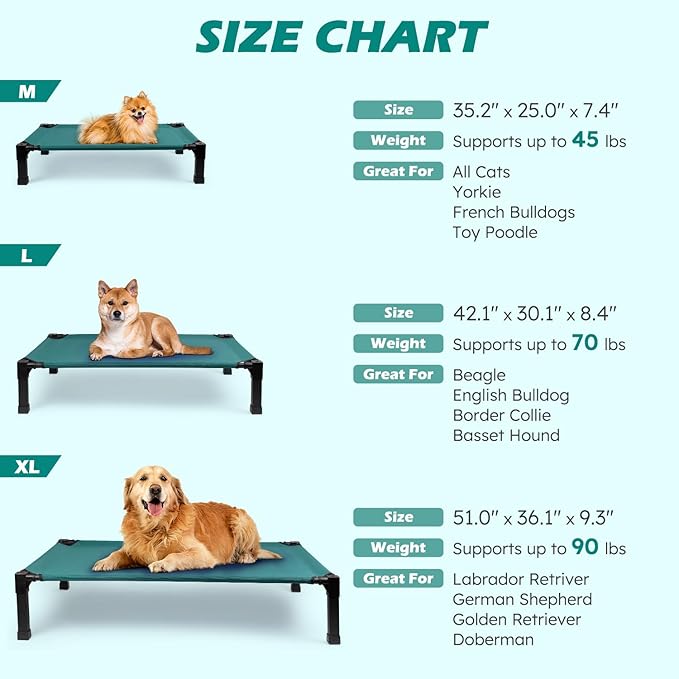 Heeyoo Elevated Dog Bed, Cooling Raised Pet Cot with Chew Proof Washable Breathable Mesh and Metal Frame, Portable Dog Cot Bed with No-Slip Feet for Outdoor or Indoor Use