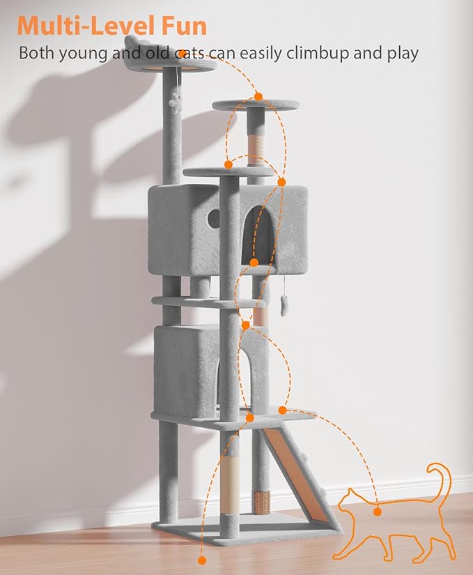 77'' Cat tree Tower for Indoor Cats Large Adult,Cute/Tall Modern Cat Tree for Big Cats 20 lbs,Plush Multi-Level Cat Condo with Scratching Posts,Dangling Ball for fun play(Light Gray, 77 inch)