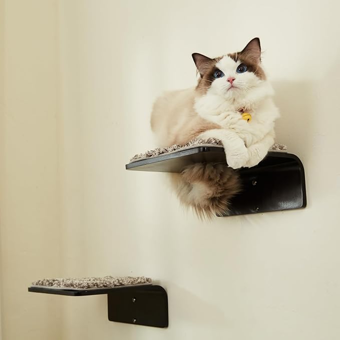 2 Set Cat Wall Steps - Wooden Cat Climbing Shelf for Wall - Cats Wall Stairs with Scratching Mat - Wall Mounted Cats Furniture for Jumping, Playing, and Lounging, Walnut