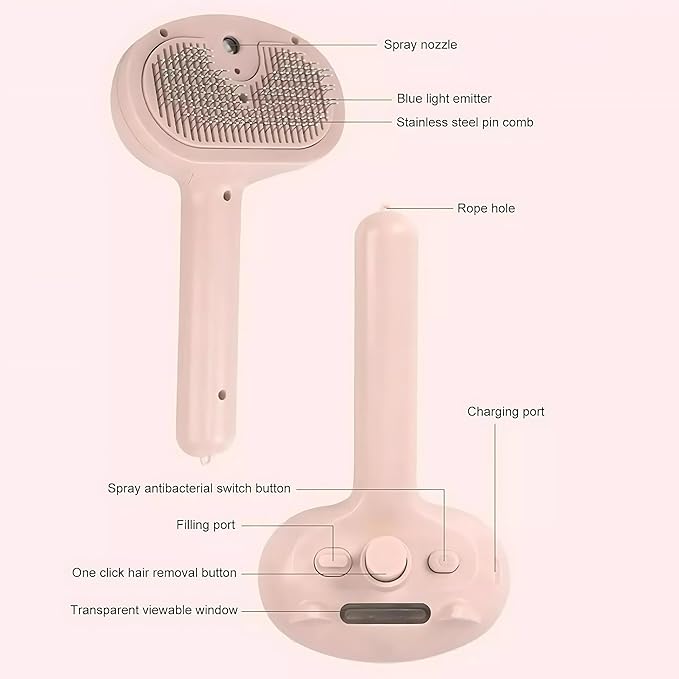 4 in 1 Cat Steam Brush: steam brush for cats, Grooming, Shedding, Mist Spray, Hair Removal Comb & Massager, USB Rechargeable Self Cleaning cat steam brushes for indoor cats - Pink