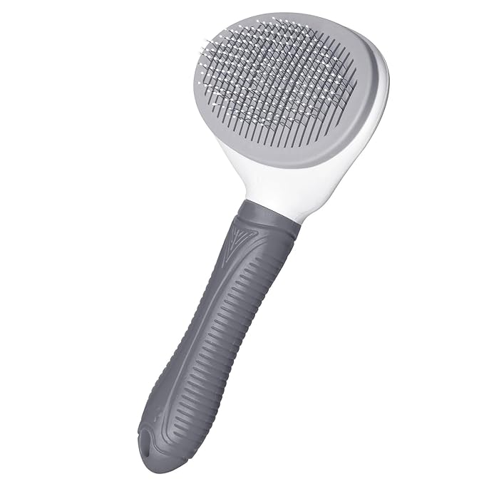 Self Cleaning Slicker Brush for Pet Grooming - Removes Loose Undercoat and Sheds, Suitable for Long and Short Hair Cats and Dogs, with Massaging Bristles (Grey)