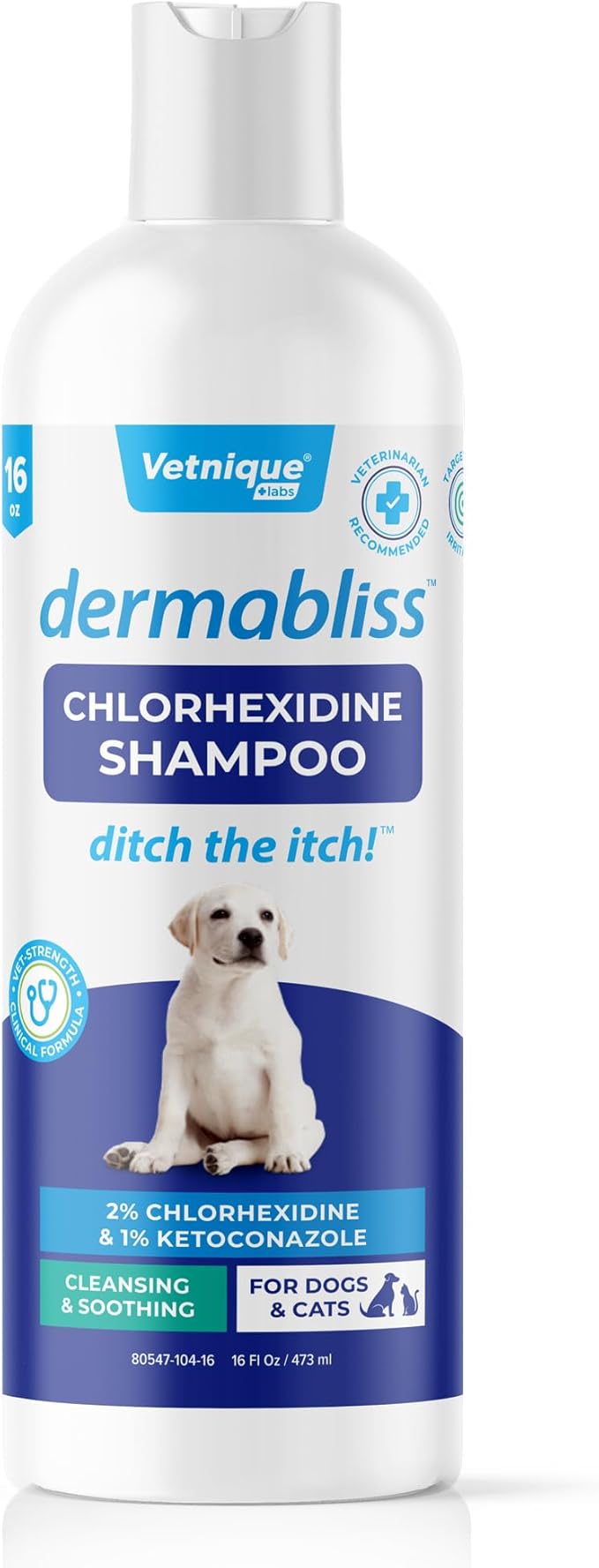 Vetnique Dermabliss Chlorhexidine for Dogs Skin Health - Antibacterial Medicated Dog Shampoo - for Skin Infections & Irritation, Hot Spots & Redness Relief (Medicated Shampoo, 16oz)