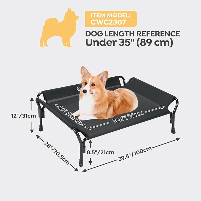 Veehoo Cooling Elevated Dog Bed, Raised Pet Cot with Guardrail & Slope Headrest, Durable Breathable Teslin Mesh, Non-Slip Feet, Washable Dog Couch Bed for Indoor & Outdoor, Medium 39.5" x 28", Black
