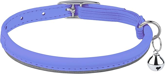 OOPSDOGGY Rolled Leather Cat Collar with Bell, Reflective Kitten Collars with Buckle Include Safety Elastic Strap - Adjustable Small Pet Collars for Boy Girl Cats (Lilac)