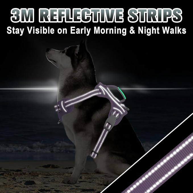 BARKBAY No Pull Dog Harness Large Reflective Dog Harness with Front Clip and Easy Control Handle for Walking Training Running with ID tag Pocket(Violet Purple,L)