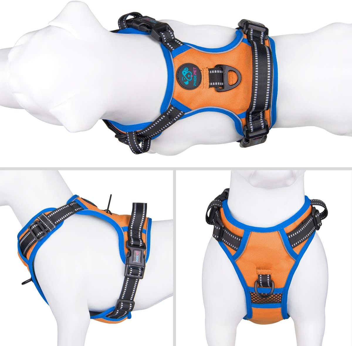 PHOEPET 2019 Reflective Dog Harness Large Breed Adjustable No Pull Vest with with Handle 2 Metal Rings 3 Buckles [Easy to Put on & Take Off](L, Orange)