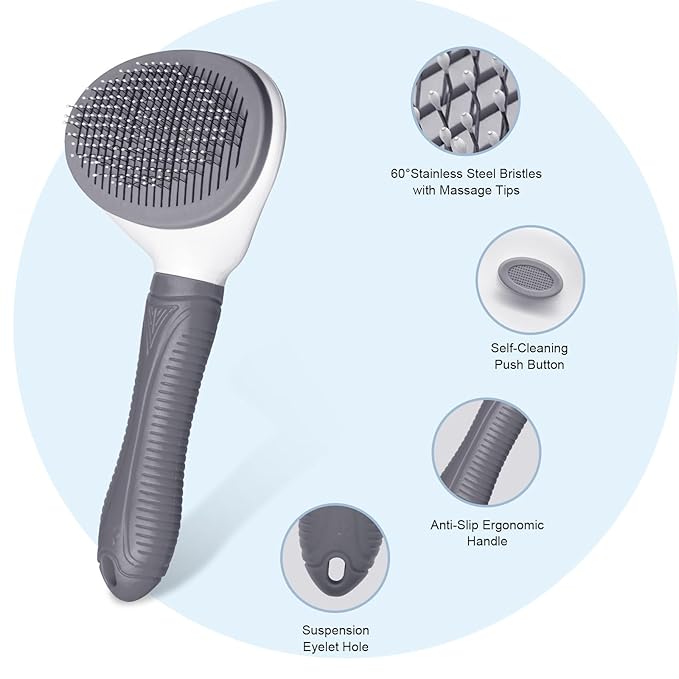 Self Cleaning Slicker Brush for Pet Grooming - Removes Loose Undercoat and Sheds, Suitable for Long and Short Hair Cats and Dogs, with Massaging Bristles (Grey)