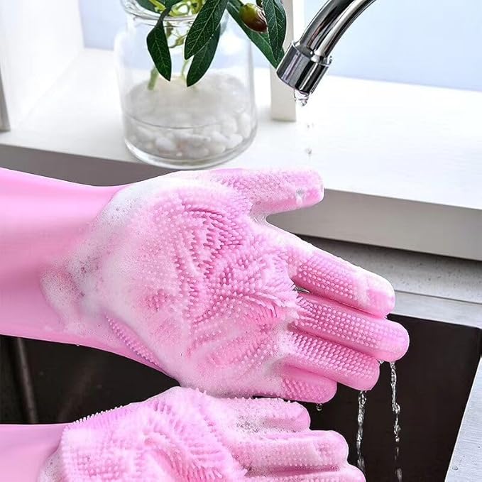 Pet Grooming Gloves，Heat-Resistant Silicone Gloves with High-Density Teeth for Enhanced Massaging and Bathing of Dogs and Cats (Pink, 2 Pair)