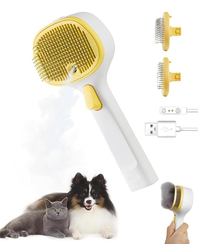 FURGO 3-in-1 Pet Steam Brush for Dogs & Cats – Reduces Static, Replaceable Heads, One-Touch Hair Ejection, Dog Spray Brush for Shedding Control(Long&Short)