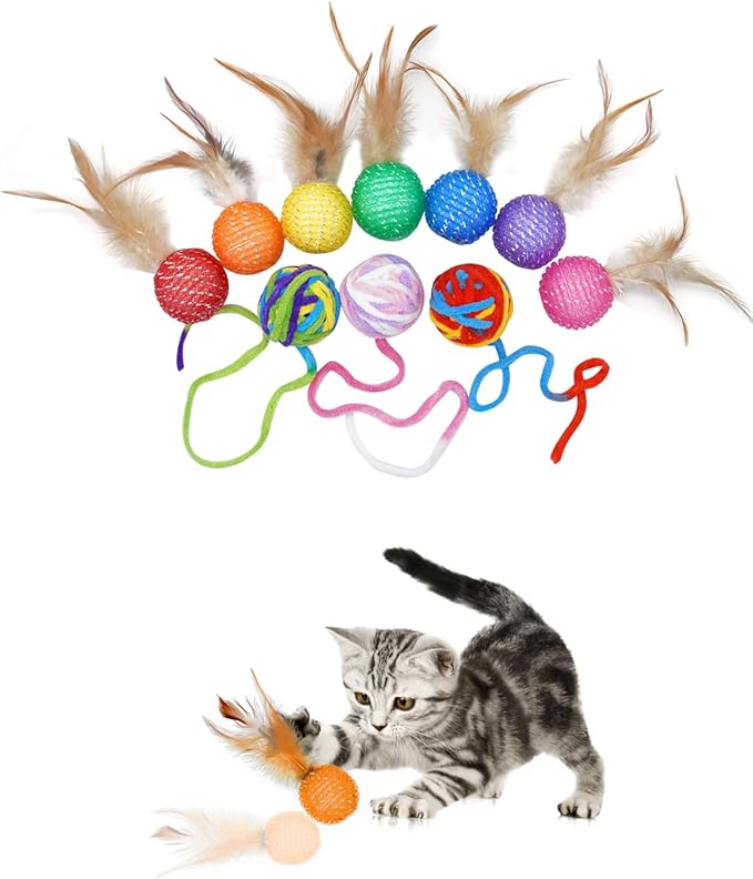 PET SHOW 10 Pack Cat Toys - Woolen Yarn Cat Balls, Interactive Mesh Feather Ball, String Toy for Indoor Cats, Chase Training Activity for Kittens