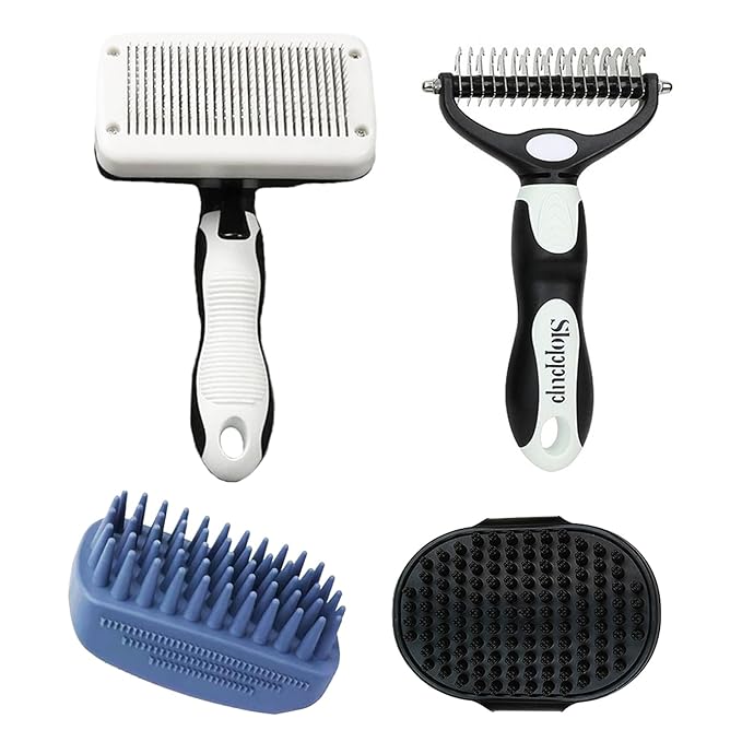 Dog Brush Kit for Grooming Short & Long Haired Dogs & Cats, 4-in-1 Pet Grooming Set with Self-Cleaning Slicker Brush, Deshedding Tool, Shampoo Bath Comb, Massge Comb (White Black)