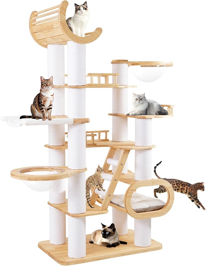 82.7'' Large Cat Tree, Modern Cat Tower with Scratching Post, Luxury Cat House, Wood Cat Tree for Indoor Cats Large Adult, Multi-Level Activity Center with Hammock, Clear Bowl, Semi-Closed Condo