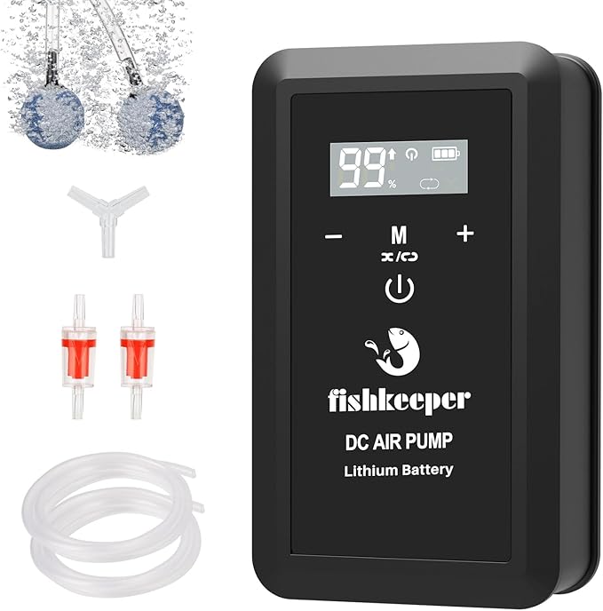 fishkeeper Rechargeable Aquarium Air Pump, 8W 130GPH Ultra Quiet Fish Tank Air Pump for 10-120 Gallon Tanks Adjustable Oxygen Aerator Pump for Outdoor-Fishing, Power Outages and Emergency