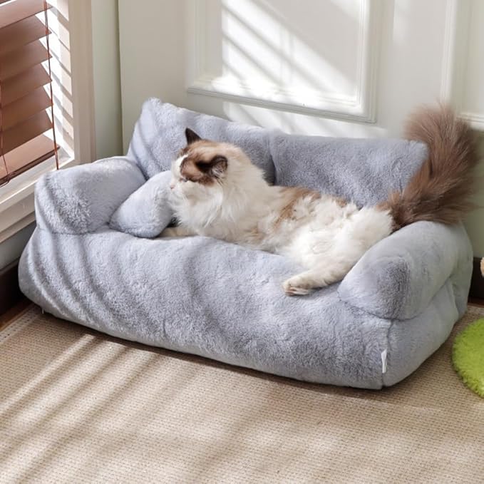 Soft Fluffy Self-Warming Cat Bed | Washable Pet Sofa for Indoor Cats & Small Dogs | Cute Princess-Inspired Kitten Couch & Puppy Bed(Gray,21.65''*14.96''*7.09'')