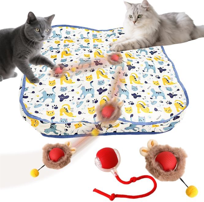 Interactive Cat Toys Ball - 2pcs Automatic Fast Rolling Ball in Play Mat, Hide and Seek Mouse Catching Game, Low-Noise Cat Enrichment Toys in Pouch for Indoor Bored Cats(Paw Print Pattern - Square)