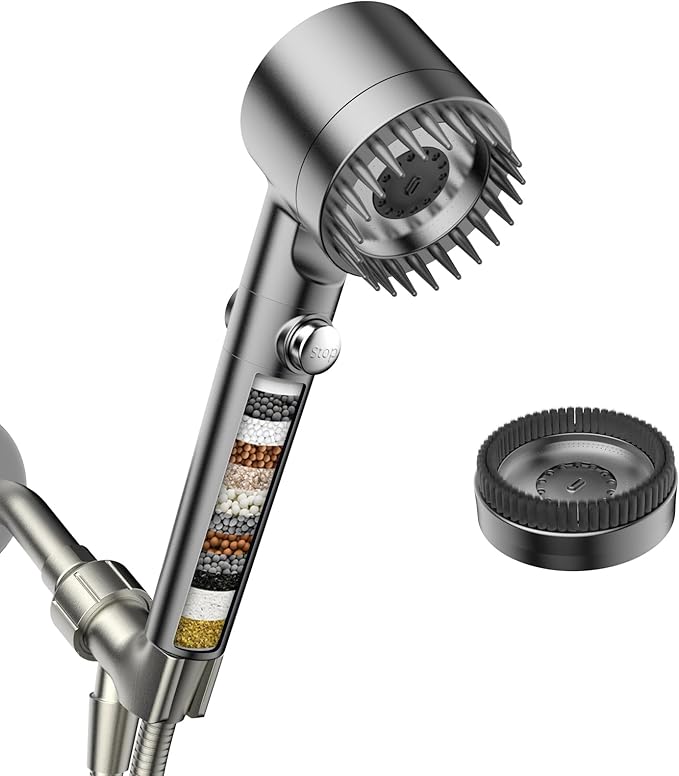 Filtered Shower Head with Handheld, High Pressure Water Flow and Multiple Spray Modes Shower Head with Filter, Power Wash for Hard Water, Showerhead with ON/OFF Switch for Pets Bath (Light Gray)