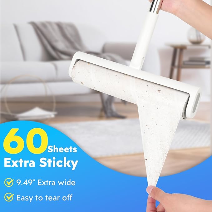 9.49'' Extra Sticky Large Lint Roller Refills, 4-Pack Giant Roller Refills for Carpets, Couch, Floor, Clothing, and Pet Hair Cleaning, 60 Sheets per Roll (240 Sheets Total)