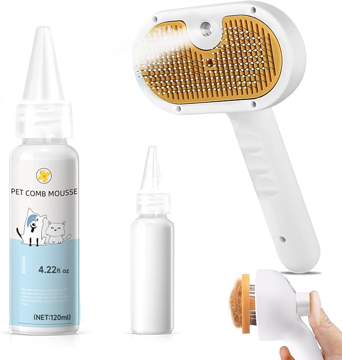 Pet Steam Brush for Dogs & Cats with Shampoo – 3-in-1 Grooming Spray Comb, Mist Massage & Defur Function, Water Spritz Deshedding Tool for Long/Short Hair, Indoor Pets (Puffease Cepillo de Vapor)