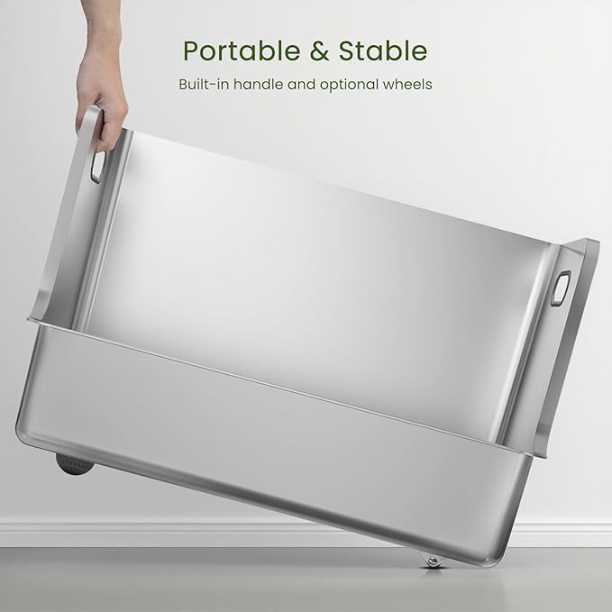 One-Piece Stainless Steel Litter Box, 14.5" High-Side XL Metal Cat Litter Box, Extra Wide Entry Pet Toilet, Cat Litter Station with Wheels, Easy to Move, Non-Stick, No Odor, for Big or Multiple Cats