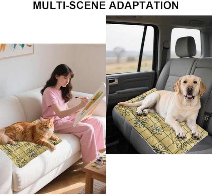 Grid Floral Yellow Vintage Dog Beds& Furniture Bed Mat Medium Dog Crate Pad Beds for Small Dogs Crate Washable Non-Slip Bed for Washable Small Medium Comfort Mat Pet Sized Indoor Outdoor 24X18 Inch