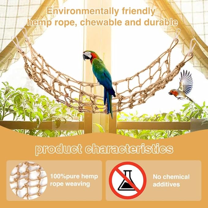 2 Packs Natural Bird Rope Net Parrot Swing Hammock for Birds Parrot Ladder Macaw Hanging Hammock Activity Toy for Rats Parakeet Cockatiel Cockatoo Conure African Grey Budgie（L 20 * 16inch）