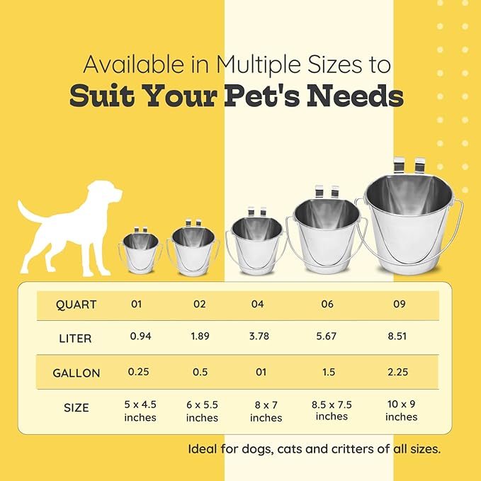 1 quart Stainless Steel Flat Sided Bucket with Dual Hooks | 0.25 gal Durable Food & Water Bowl for Dog Cat Bird & Small Animals | Fits kennel Cage Critter Crate | Hanging Utility Pet Pail
