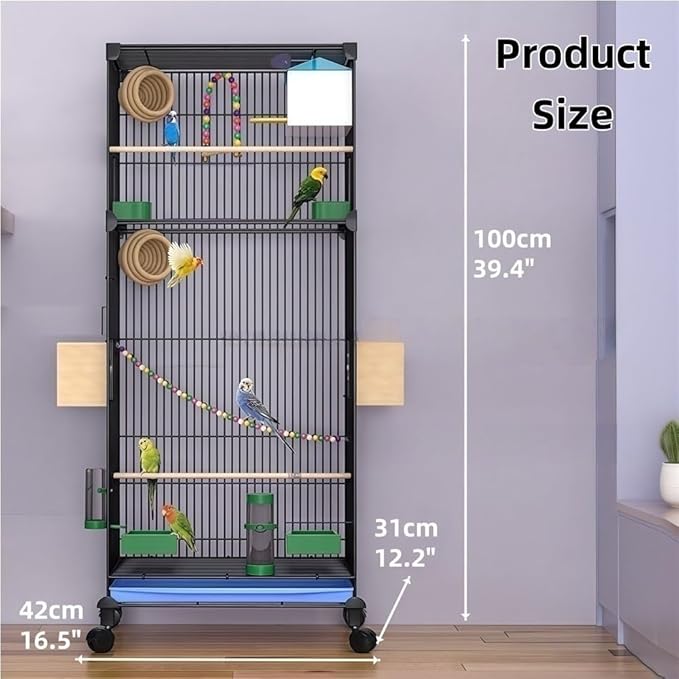 39.4-Inch Rolling Metal Bird Cage with Stand, Includes Grass Nest - Spacious Parrot Home for Budgies, Lovebirds, Canaries (White)