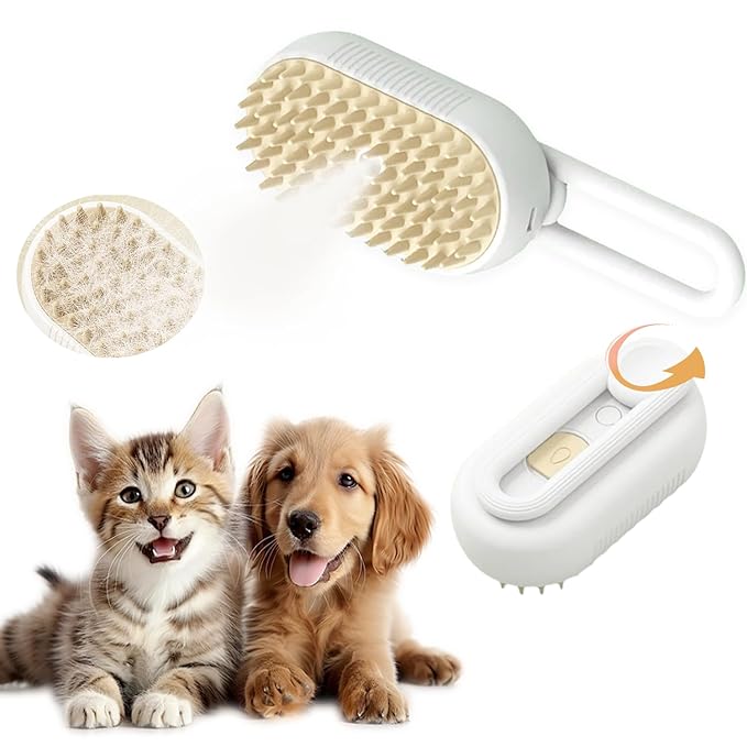 Cat Steam Brush, 3 in 1 Pet Spray Hair Removal Comb, Cats and Dogs Brush for Shedding, Rechargeable Silicone Pet Steam Brushes, Spritz Defur Comb for Massage, Cleaning and Remove Loose Hair - White